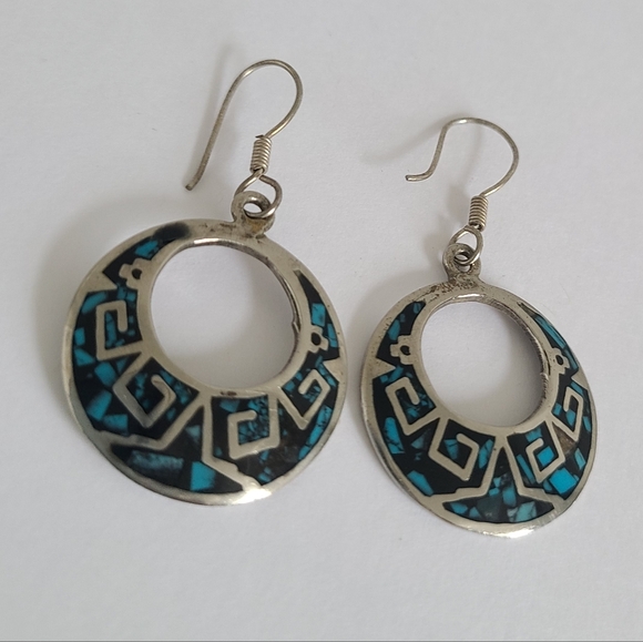 Vintage Sterling Silver Boho Western Mexico Turquoise Inlay Round Drop Earrings - Picture 8 of 12
